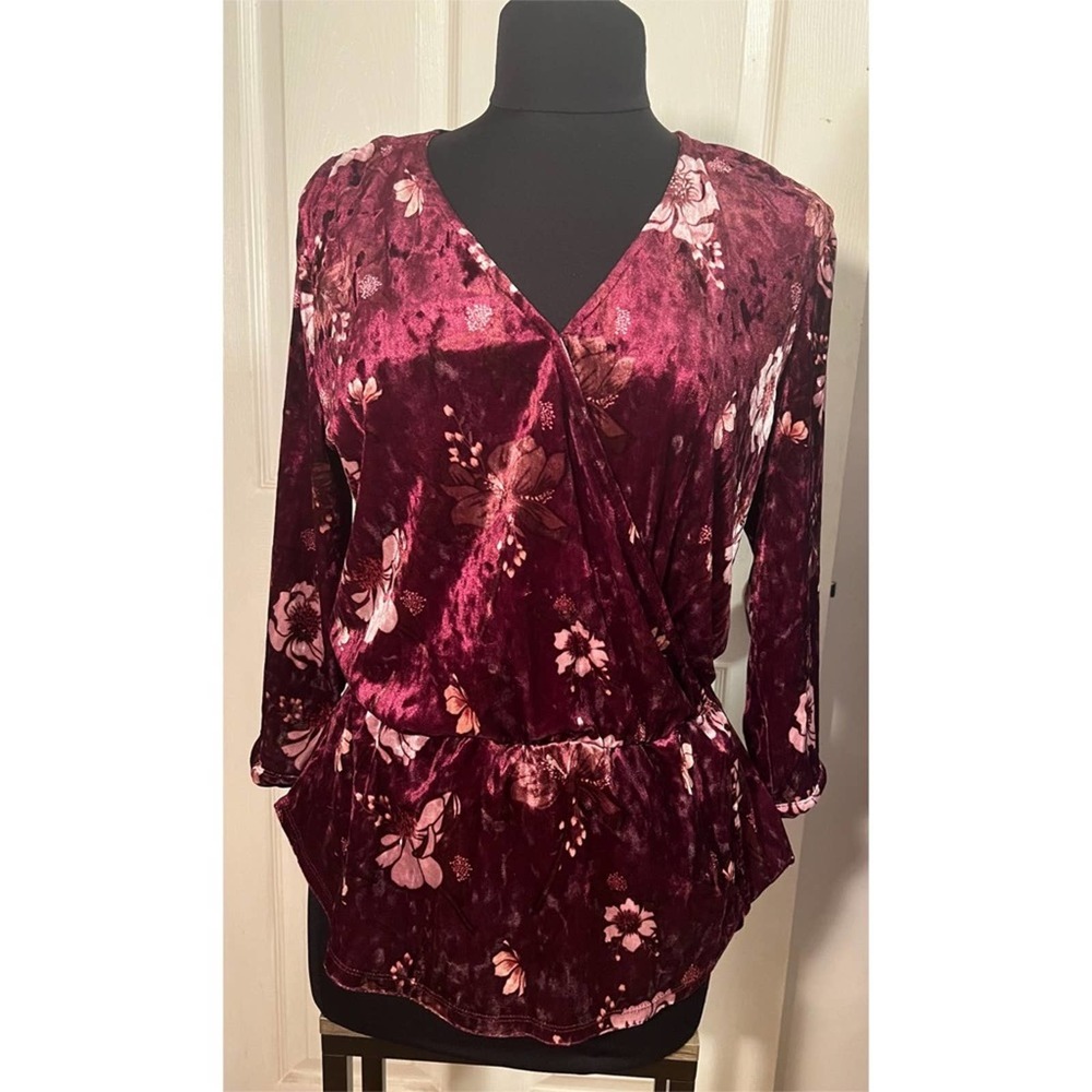 Motto Maroon Floral Velour Velvet Peplum Blouse M